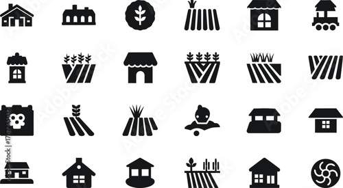 Collection of simple black farm and village icons representing houses fields wells and trees isolated on transparent background