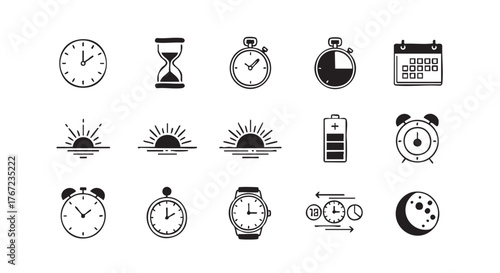 Collection of time related icons depicting clocks hourglass and sunrise symbol