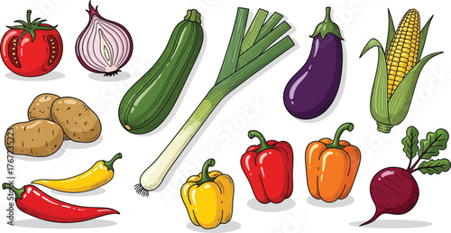 Collection of colorful hand drawn fresh delicious vegetables isolated on white background. Bundle of healthy and tasty vegan products, wholesome vegetarian food. 