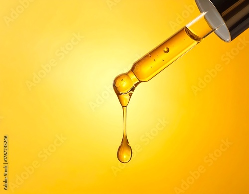 Close-up of pipette dispensing amber liquid against a yellow gradient