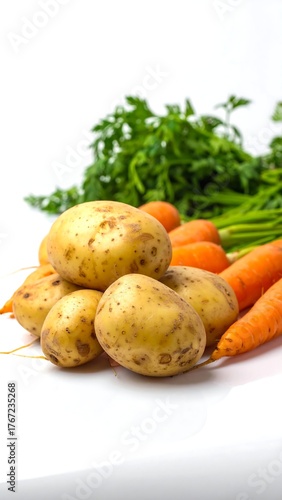 Close-up of raw potatoes, carrots, and green leafy vegetables