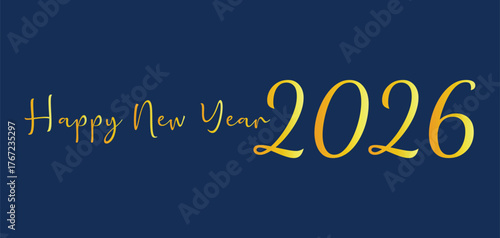 Elegant golden script happy new year 2026 text on a deep blue background
