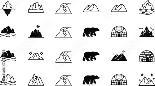 Collection of arctic and antarctic landscape elements and animals isolated on transparent background