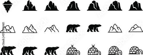 Collection of arctic animal and landscape icons including polar bears igloos and mountains isolated on transparent background