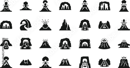 Collection of stylized volcano and cave icons representing geological formations and natural landscapes isolated on transparent background