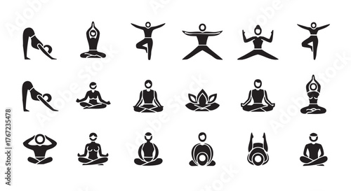 Collection of various yoga poses silhouette icons on white background