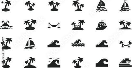 Collection of tropical vacation and travel icons including palm trees sailboats waves and hammocks isolated on transparent background
