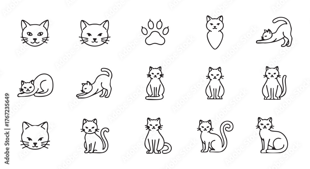 Naklejka premium Cute black and white cat line art collection set icon