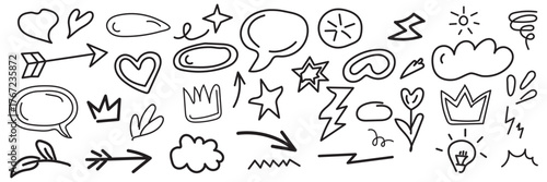 Line marker hand drawn brush arrow element set. Sketch pencil stroke vector graphic pen underline scribble icon. Hand drawn line heart, crown, star symbol highlight marker shape. Vector illustration