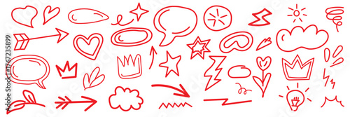 Line marker hand drawn brush arrow element set. Sketch pencil stroke vector graphic pen underline scribble icon. Hand drawn line heart, crown, star symbol highlight marker shape. Vector illustration