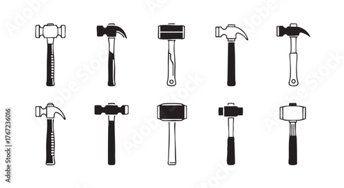 Collection of various hammer types black and white illustration template