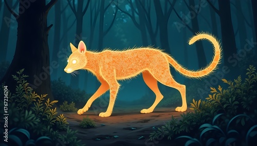 An ethereal, glowing creature walks through a dark forest, casting light in its path. The forest is dense, with trees surrounding the mystical scene.