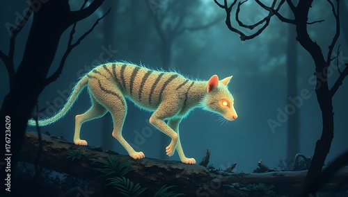 A mystical creature with glowing eyes walks along a branch in a dimly lit forest. Surrounded by shadowy trees, its stripes are distinctly visible.