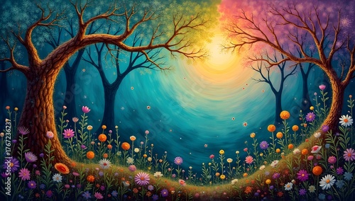 Enchanted Forest at Sunset. A fantastical forest scene with large, gnarly trees framing a fiery sunset. Colorful flowers blanket the forest floor, creating a whimsical atmosphere.