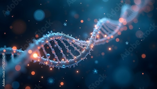 a sparling dna helix on dark blue bokeh background