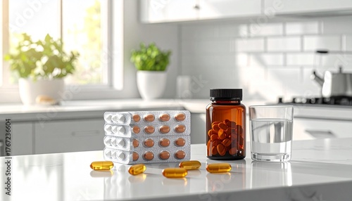 Vitamins and supplements on kitchen counter