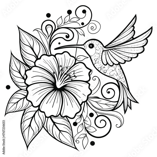 Detailed coloring page of a hummingbird sipping nectar from a hibiscus flower with decorative swirls