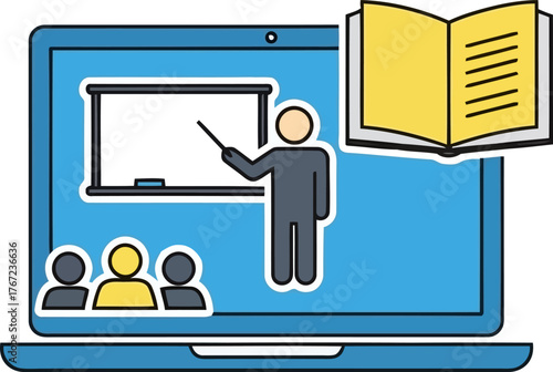Vector art of online education concept with laptop, teacher and book