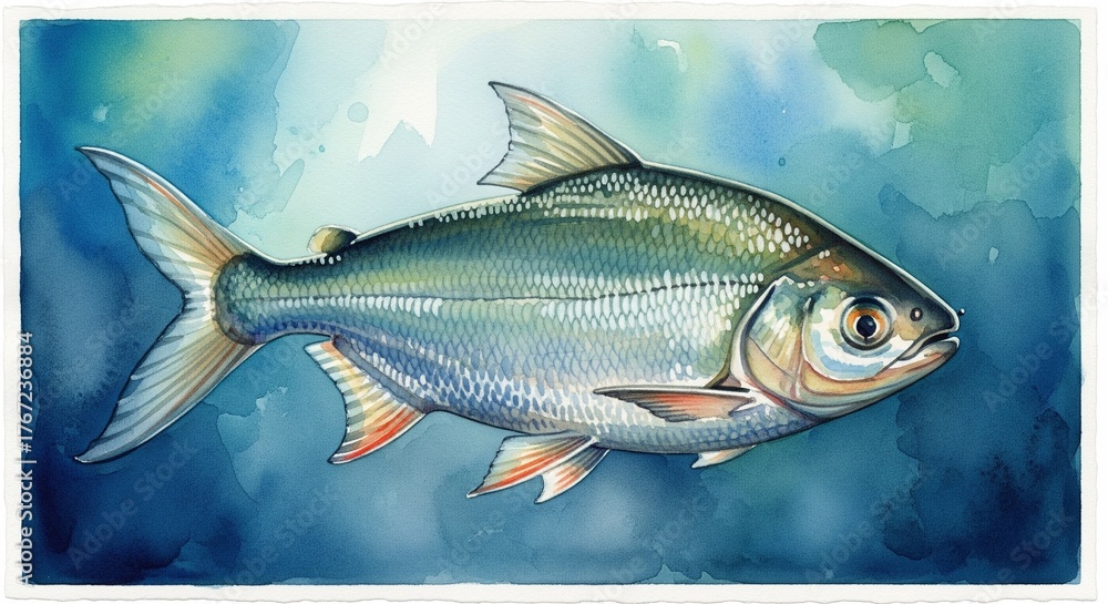 Fototapeta premium Milkfish Watercolor style digital painting for graphic design decoration, gifts or print design, animals, fish in water, river, sea, lake life