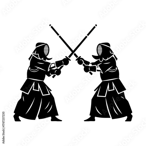 Martial Arts Duel with Two Fighters Holding Bamboo Swords