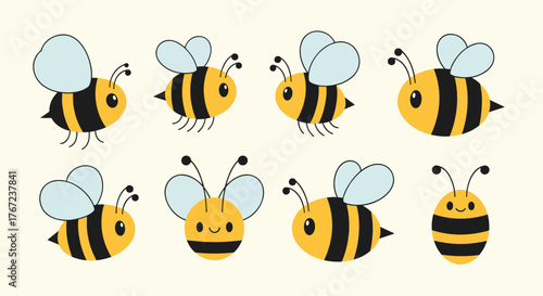Cute cartoon bees with black and yellow stripes and light blue wings displayed in two rows.