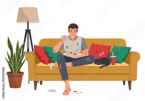 Disheveled man with dirty clothes sloppily eating spaghetti on the sofa in a messy living room with a sleeping cat