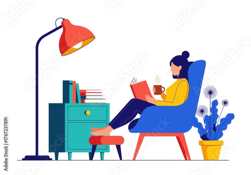 Cozy Reading Nook A Relaxing Illustration of a Woman Enjoying a Book, Reading in Comfort