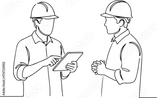 Two Construction Workers Discussing Plans on a Tablet