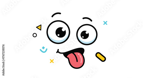Funny cartoon face with big eyes and tongue sticking out, surrounded by playful shapes.