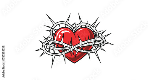 Red heart entangled in a crown of thorns symbol of sacrifice.