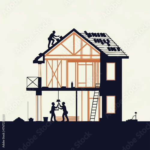 Illustration depicts the construction of a house, showcasing workers installing the roof, interior, and other structural elements.
