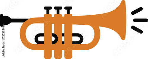 Illustration of an orange trumpet with black accents on a light gray background