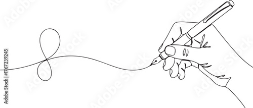 Hand holding fountain pen drawing a loop and line writing