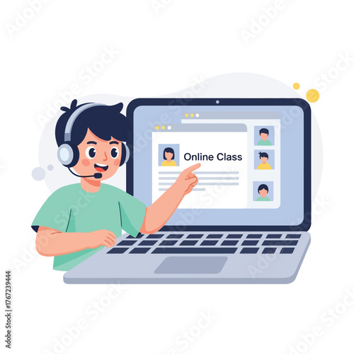 Excited student attends vibrant online class on laptop, learning remotely from home