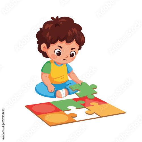 Frustrated young boy struggling with jigsaw puzzle piece at playtime activity