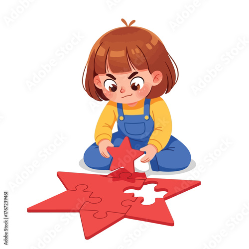 Adorable little girl joyfully completing a star shaped puzzle, learning and growing
