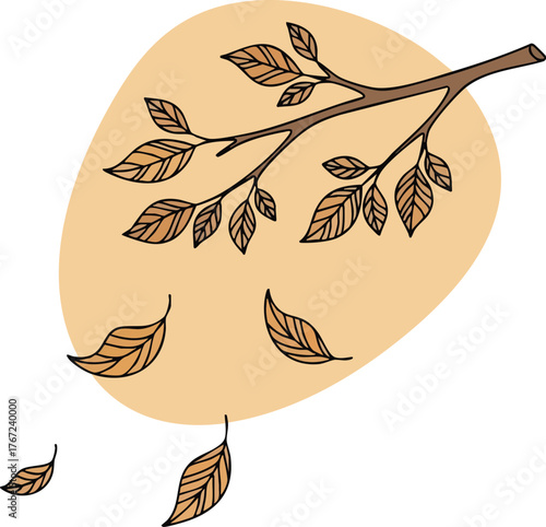 Autumnal Branch with Falling Leaves Hand Drawn Illustration.