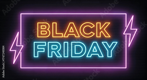 Black friday neon sign with lightning bolts on a dark background, advertising sales