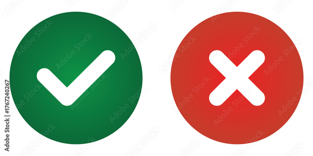 Fototapeta premium Correct and wrong icons signs, flat round buttons. green and red colors tick and cross icons. Correct and wrong symbol stickers. Vector illustration.