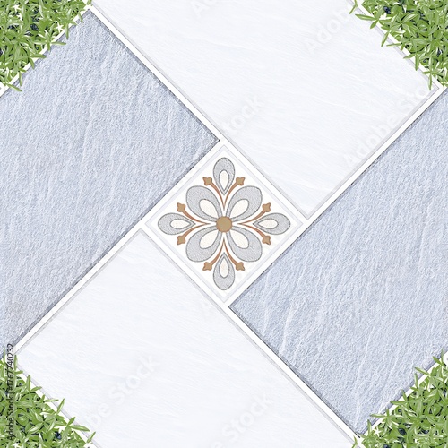 Intricate floral medallion pattern tile design with textured surfaces and green accents
