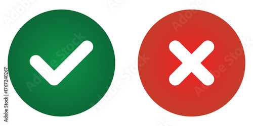 Correct and wrong icons signs, flat round buttons. green and red colors tick and cross icons. Correct and wrong symbol stickers. Vector illustration.