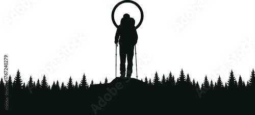 Silhouette of a lone hiker standing on a hilltop against a bright circular light at dawn or dusk isolated on transparent background