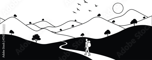 Minimalist black and white illustration of a lone traveler walking on a winding path through rolling hills and trees isolated on transparent background