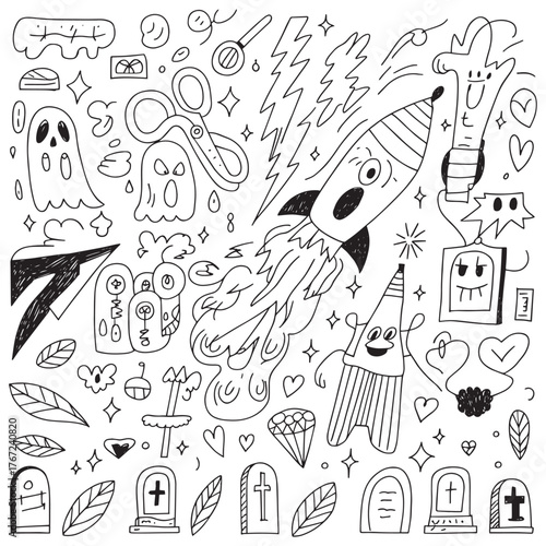 Cute Ghost and Rocket Doodle Art