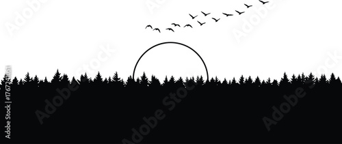 Silhouette of a flock of birds flying over a forest landscape with a sun arch isolated on transparent background