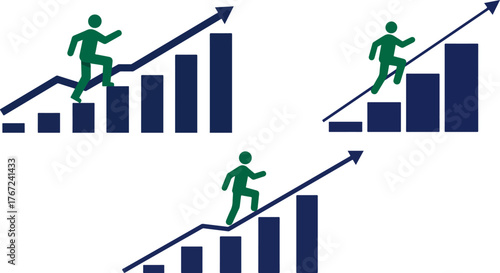 Business growth concept with figures climbing bar graphs showing upward trends