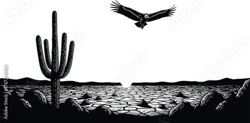 Black and white illustration of a saguaro cactus and a soaring eagle over a cracked desert landscape with a setting sun isolated on transparent background