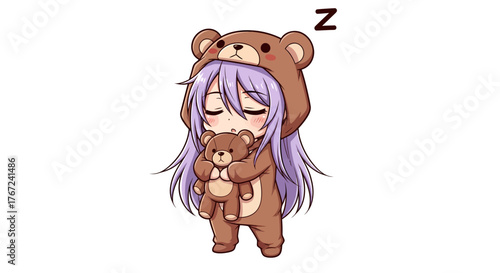 Adorable Sleeping Girl in Bear Costume Hugging a Teddy Bear
