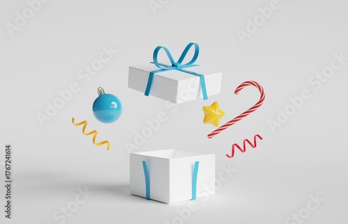 Open christmas gift boxes on white background. Minimal concept. 3d rendering