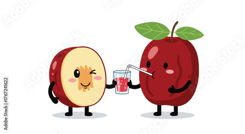 Cute cartoon jujube characters share a glass of fresh juice, depicting friendship and healthy consumption.